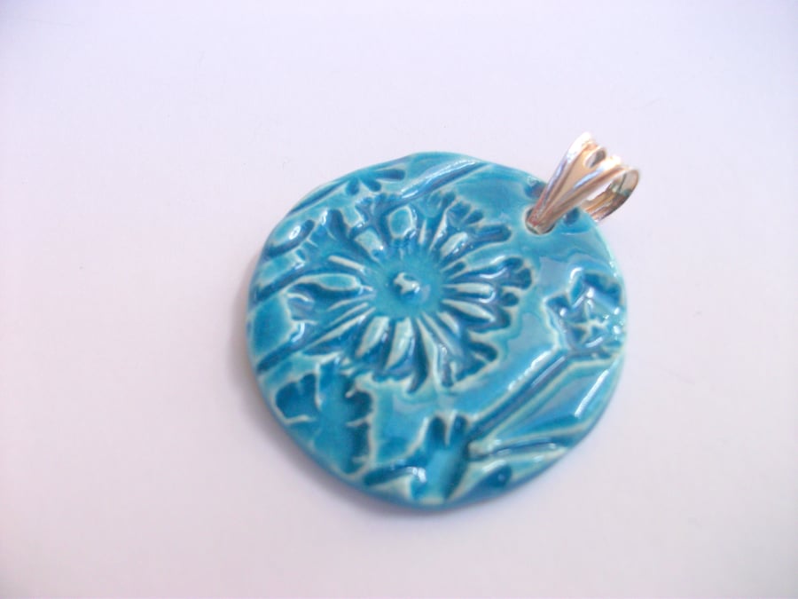 SALE Ceramic turquoise pendant with Sterling Silver Pronged Bail