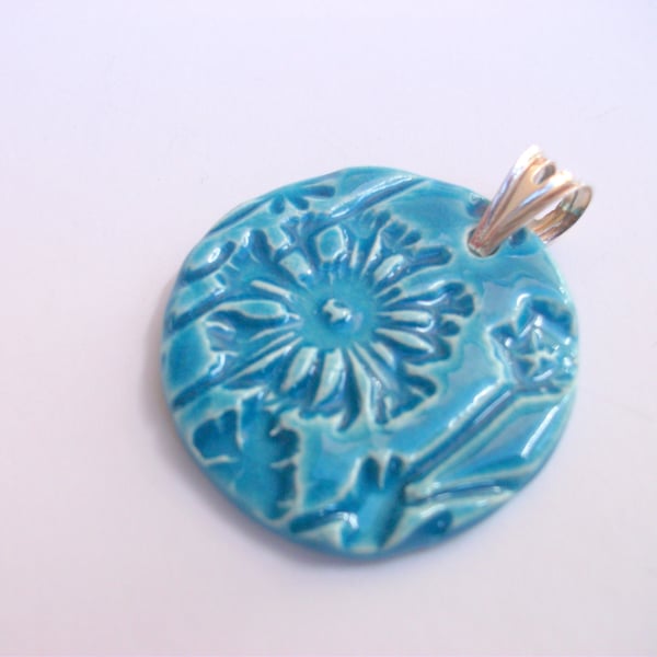 SALE Ceramic turquoise pendant with Sterling Silver Pronged Bail