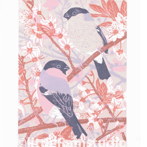 Cherry Plum Bullfinches - Original hand cut limited edition linocut print