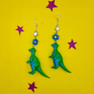 Handmade up-cycled dinosaur earrings with beaded flowers and stars 