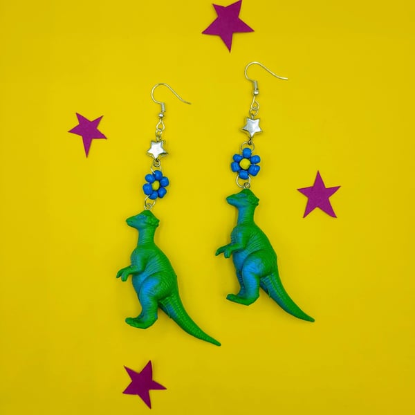 Handmade up-cycled dinosaur earrings with beaded flowers and stars 