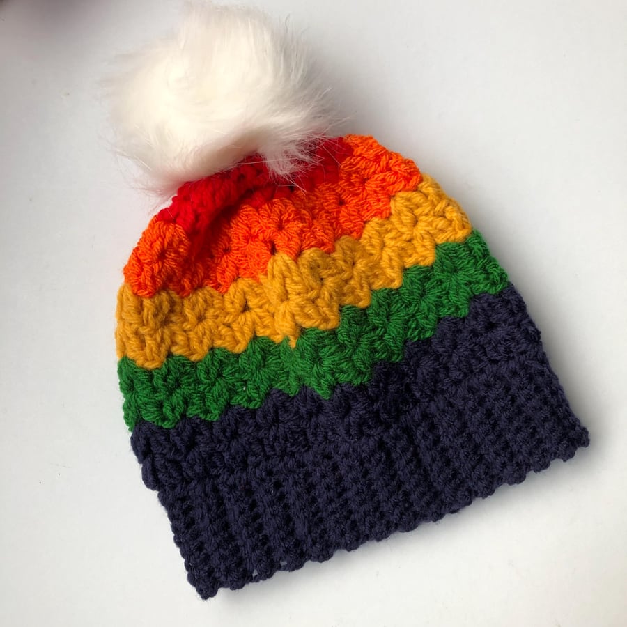 Rainbow Bobble Hat, Pom Hat, Pompom Hat, Rainbow Bold Stripes Crochet Hat