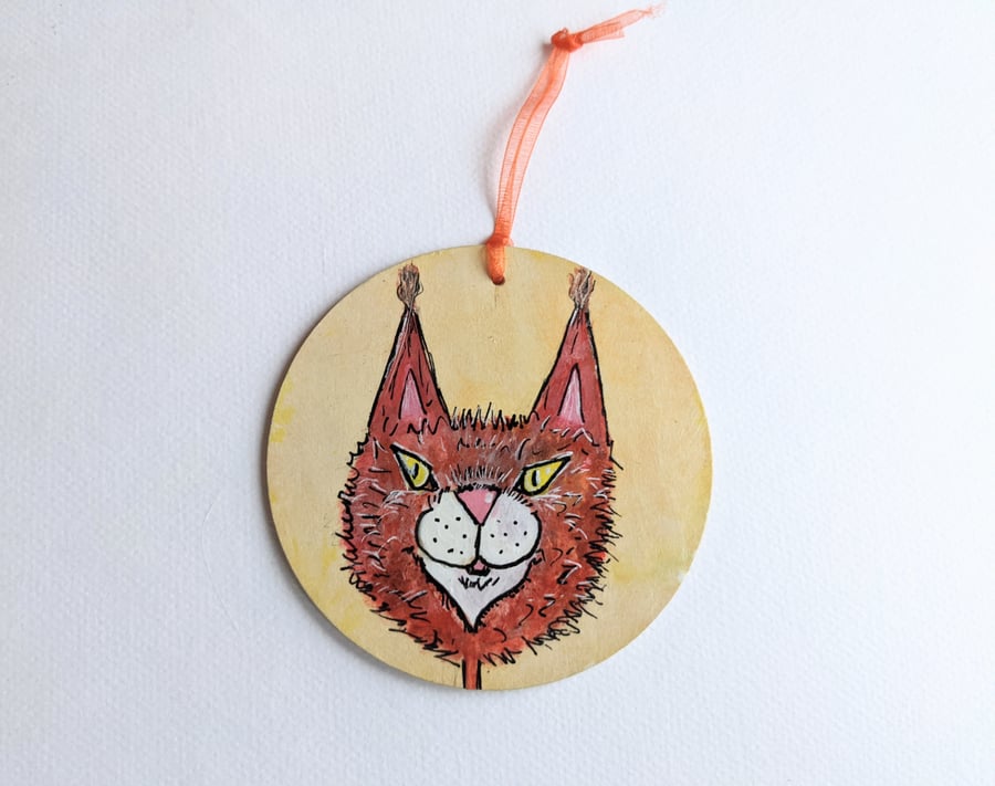 Ginger cat, Maine Coon, wooden hanging decoration, wall plaque, gift for friend