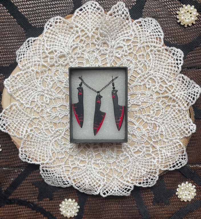 Horror knife necklace and earring set