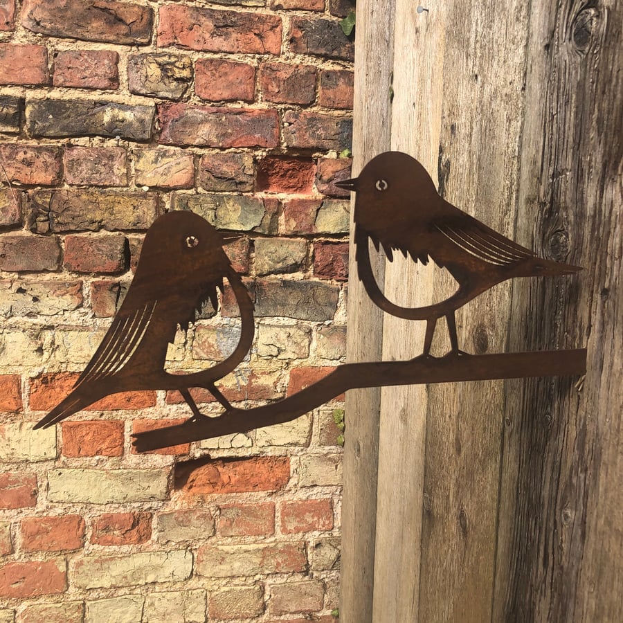 Rusty Metal robins on a branch Garden feature , garden sign , garden birds decor