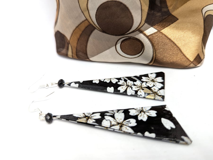 Long triangle paper earrings: black, white and gold cherry blossoms