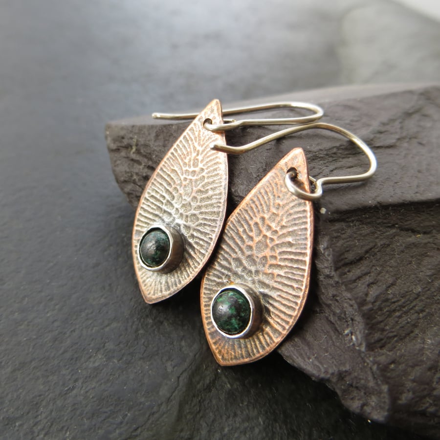 Copper and chrysocolla earrings, Gift for 7th anniversary