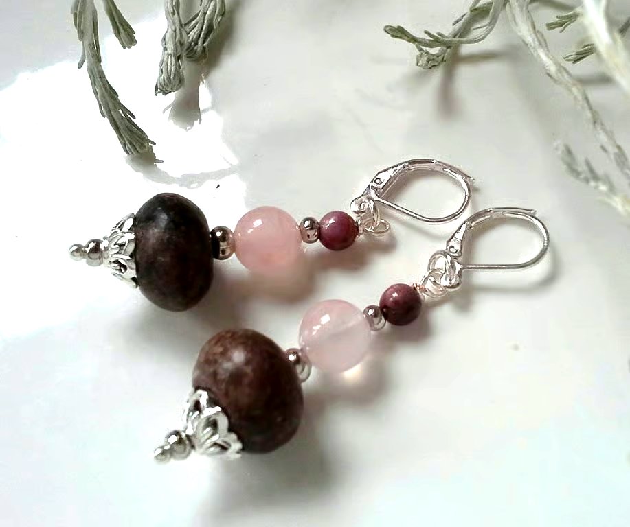 Charoilite, Ruby & Rose Quartz Earrings Silver Plated