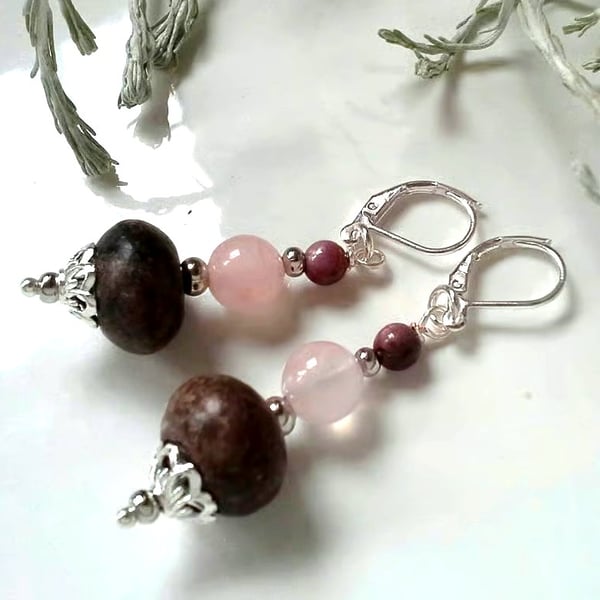 Charoilite, Ruby & Rose Quartz Earrings Silver Plated