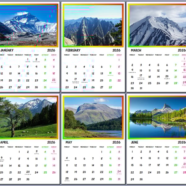 2026 World Mountains Hanging Wall Calendar Each month A4