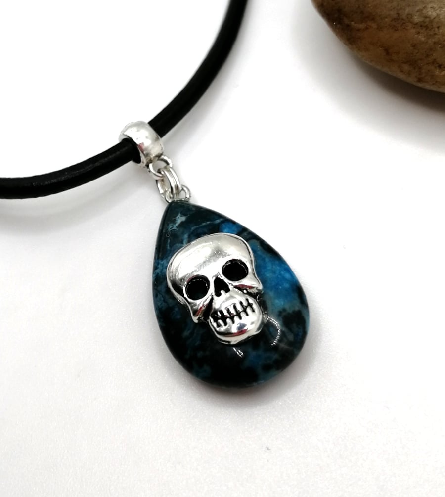 Crazy Lace Agate Skull Necklace