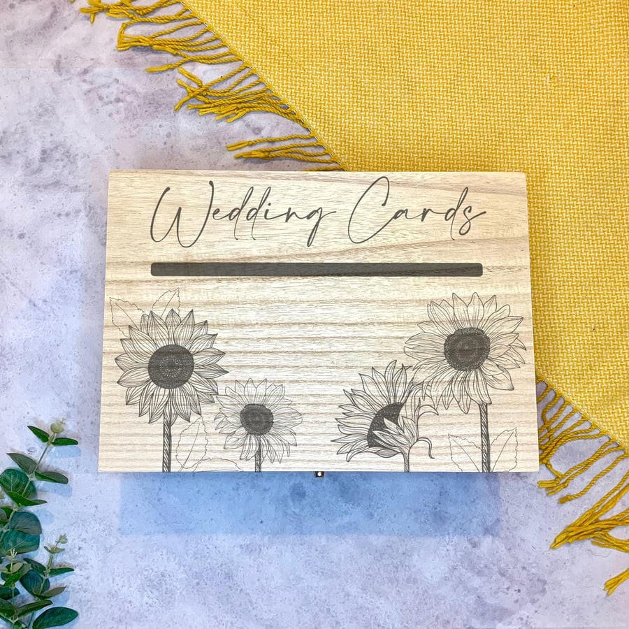 Large Personalised Engraved Wooden Wedding Card Post Box with Sunflowers