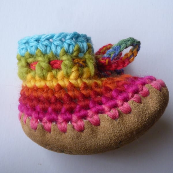 Wool & leather baby boots - Rainbow stripe (pink turquoise) - 6-12 months