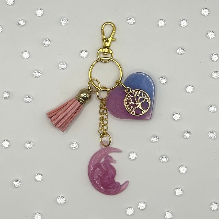 Crescent Moon Dragon Heart Resin Bag Charm, Keyring in Pink and Blue Shades