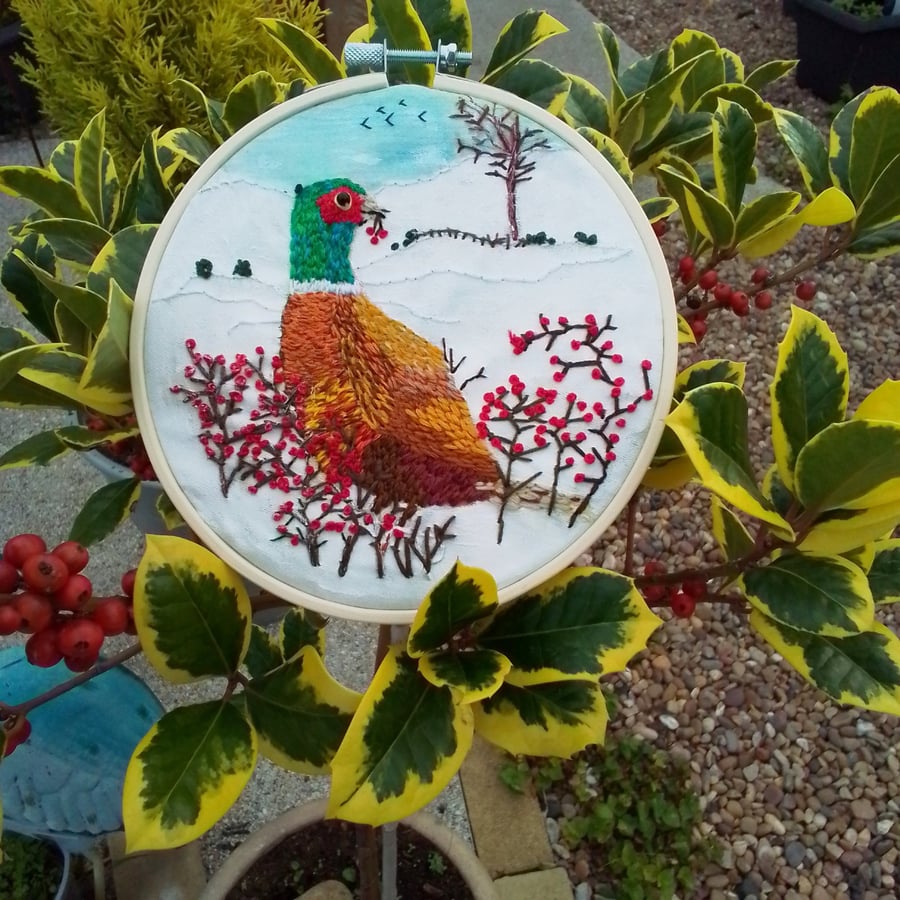 Pheasant,  hand embroidery mixed media indoor winter decoration 