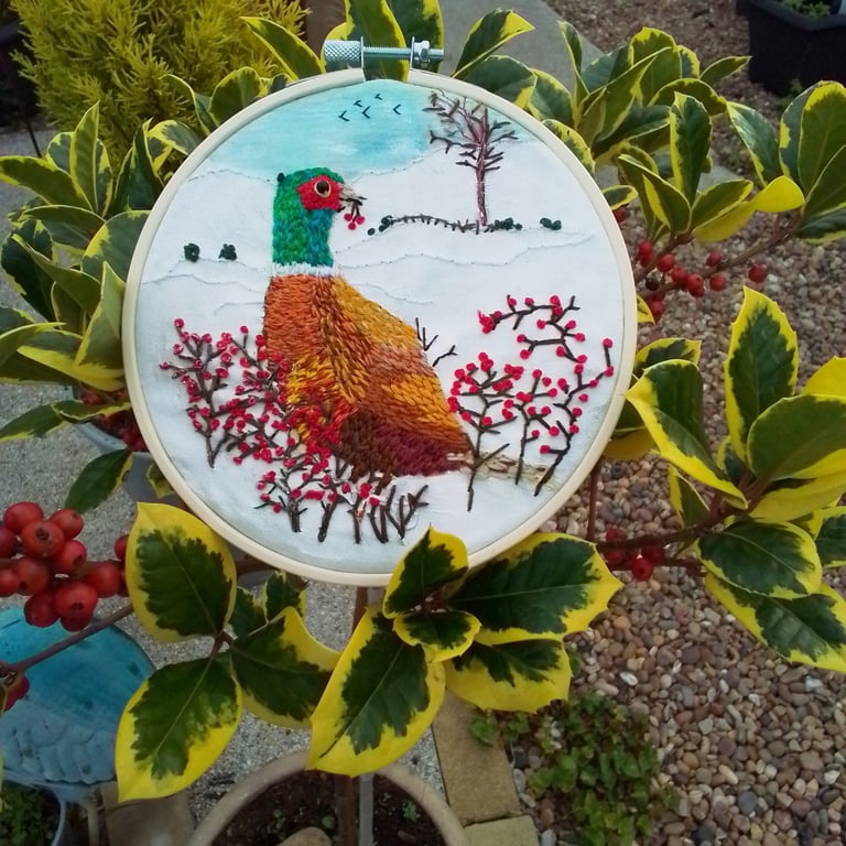 Pheasant,  hand embroidery mixed media indoor winter decoration 