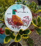 Pheasant,  hand embroidery mixed media indoor winter decoration 