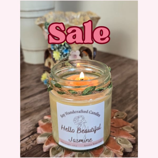 Hello Beautiful Jasmine, handpoured Soya Candle with a Wax melt flower top 