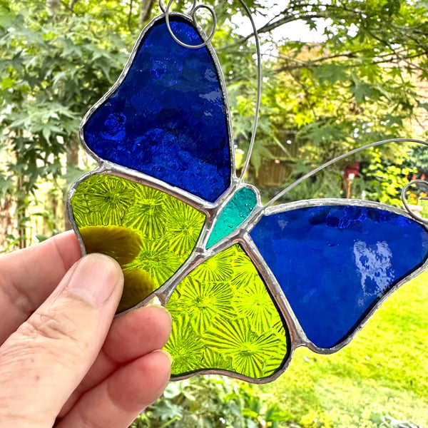Stained Glass Butterfly Suncatcher - Handmade Decoration - Blue and Lime