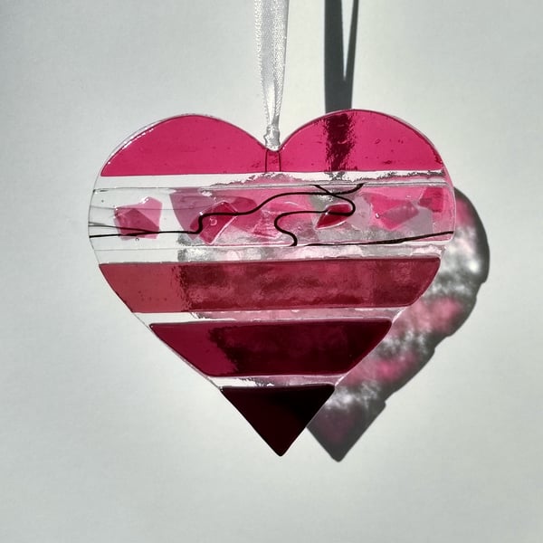 Pink textured fused glass heart light-catcher