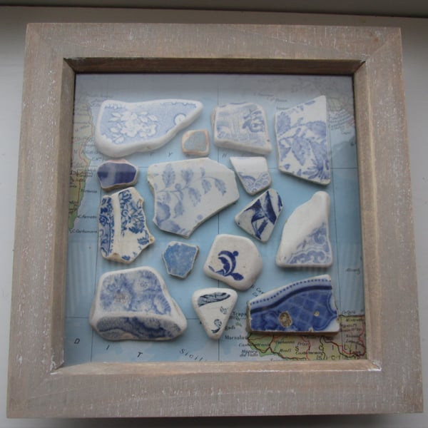 Sea Pottery unique picture on Vintage Map in box frame 7x7 inch, great present