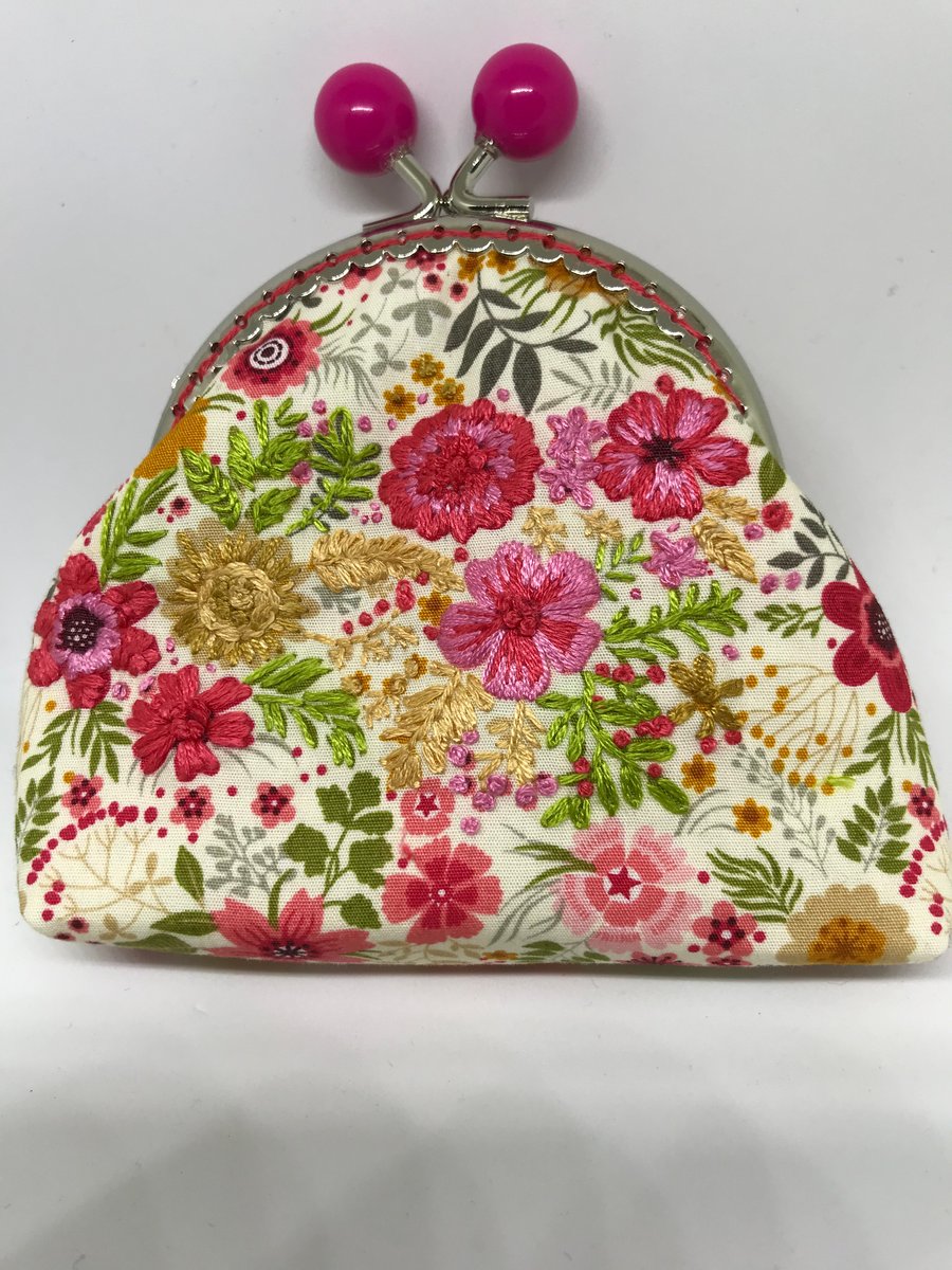 Pink and Coral shades Floral Embroidered Clasp Purse