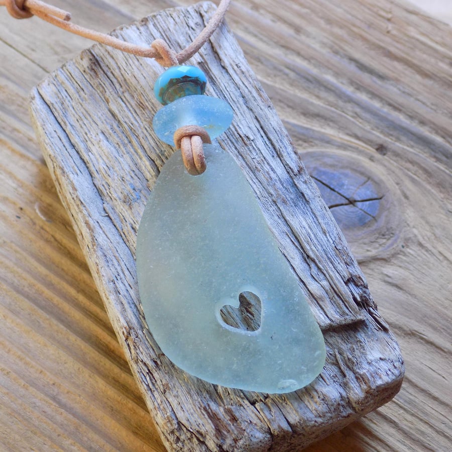 Genuine sea glass heart pendant , adjustable leather necklace 