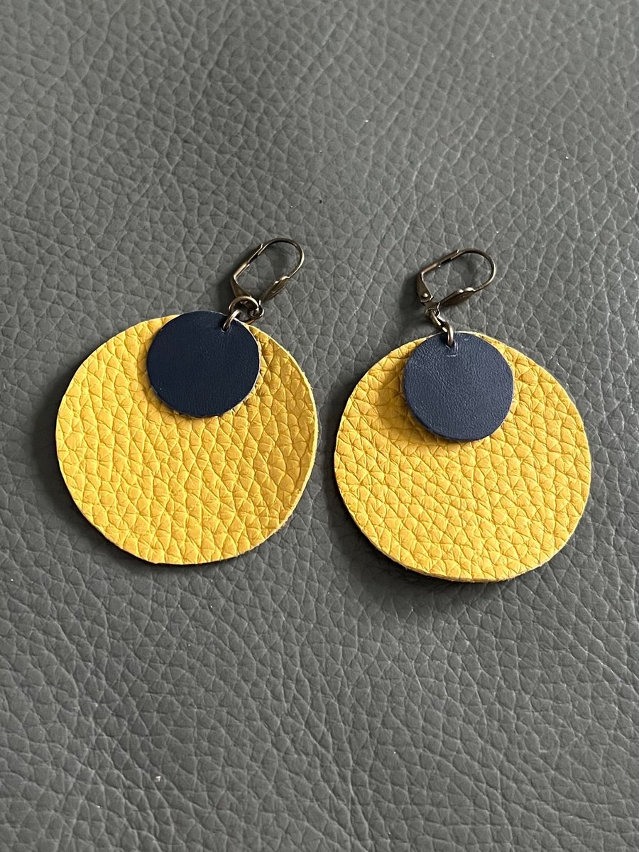 Yellow and Black Leather Circle Earrings - Hand Cut Lightweight Statement Jewell