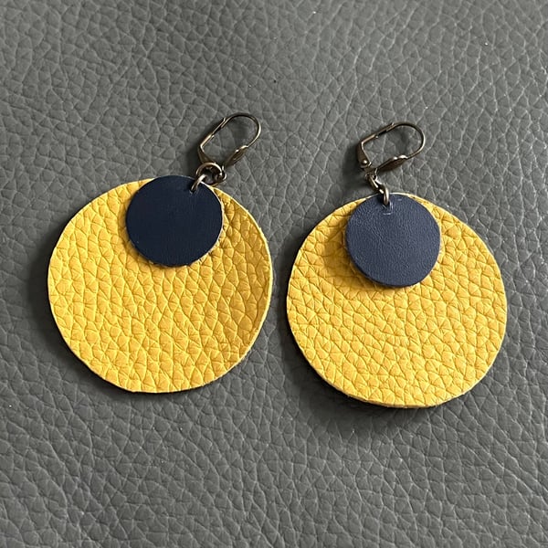 Yellow and Black Leather Circle Earrings - Hand Cut Lightweight Statement Jewell
