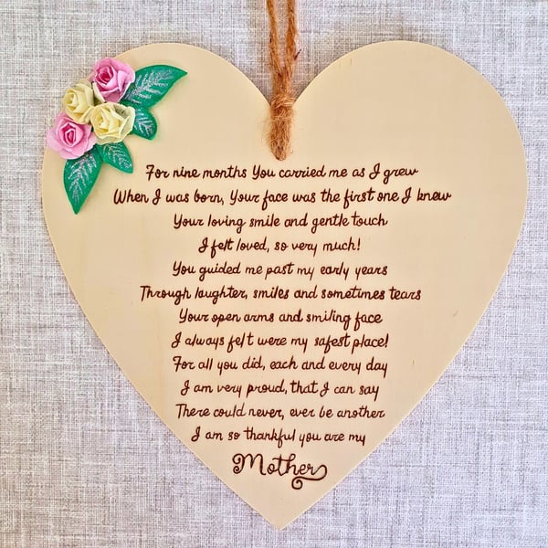 Mothers Day Gift, Heart Shaped Hanging Decoration With Poem & Flowers