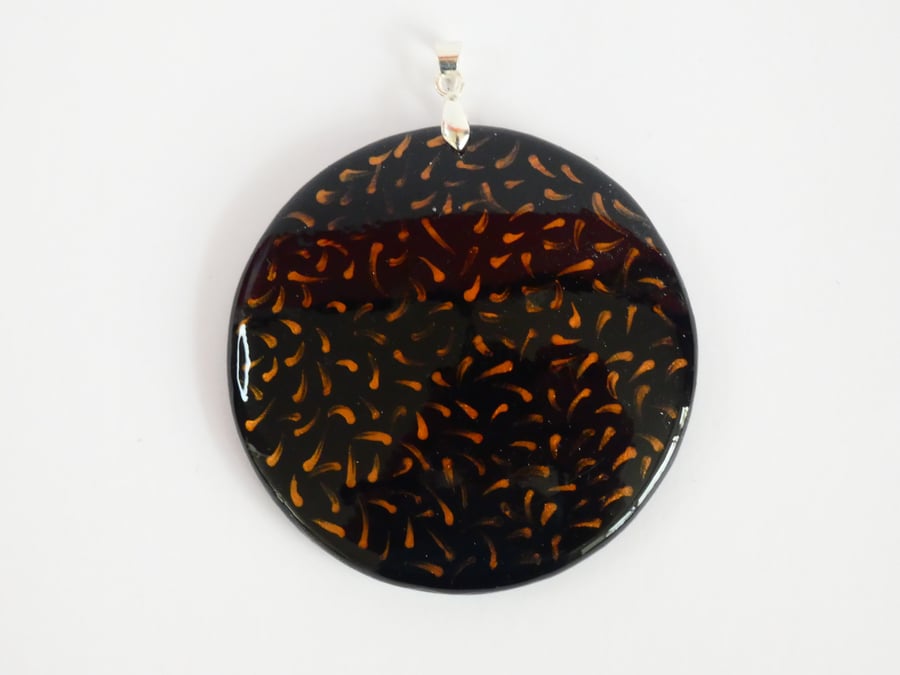 Unique Wooden Orange and Black Circle Pendant Necklace