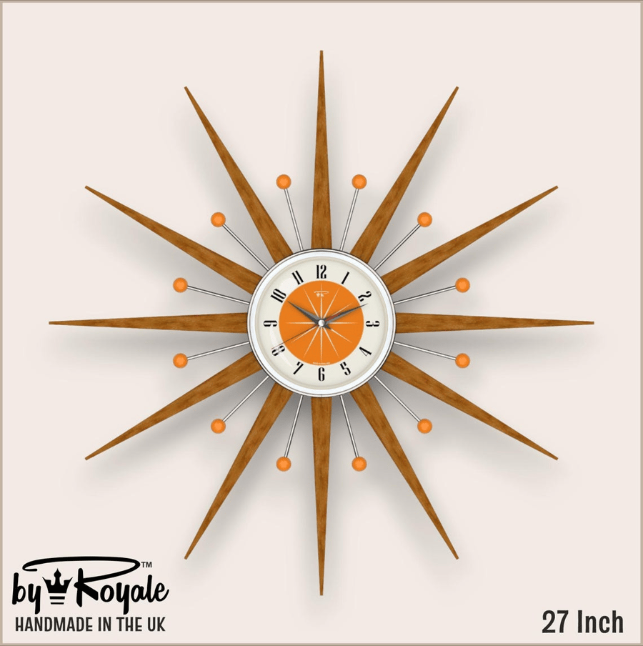 Mid Century Starburst Wall Clock By Royale The Welby in Orange - 4 Sizes