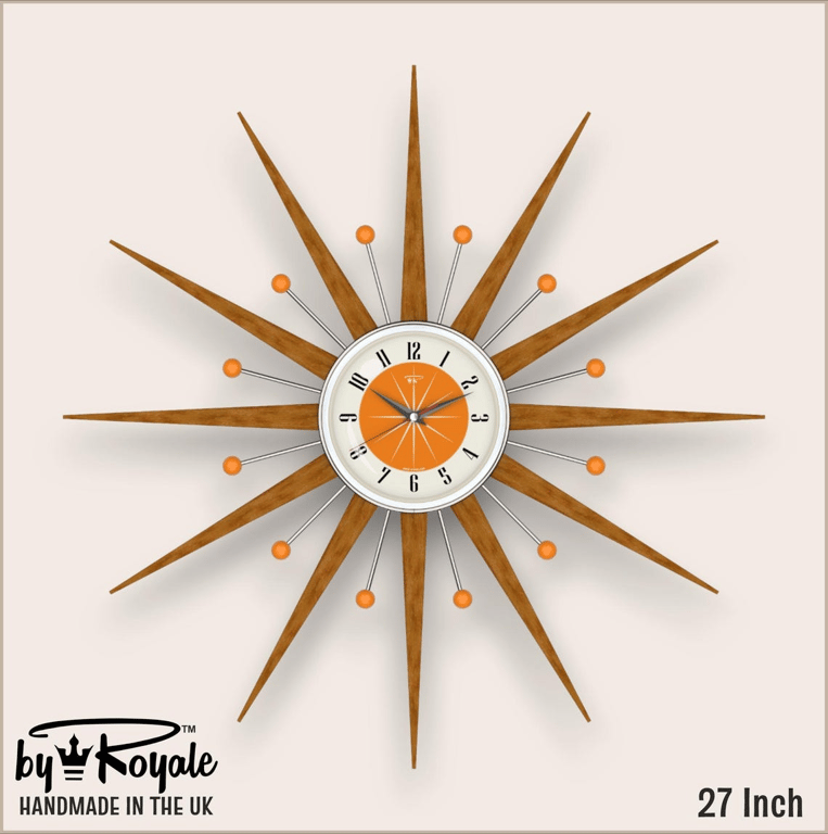 Mid Century Starburst Wall Clock By Royale The Welby in Orange - 4 Sizes