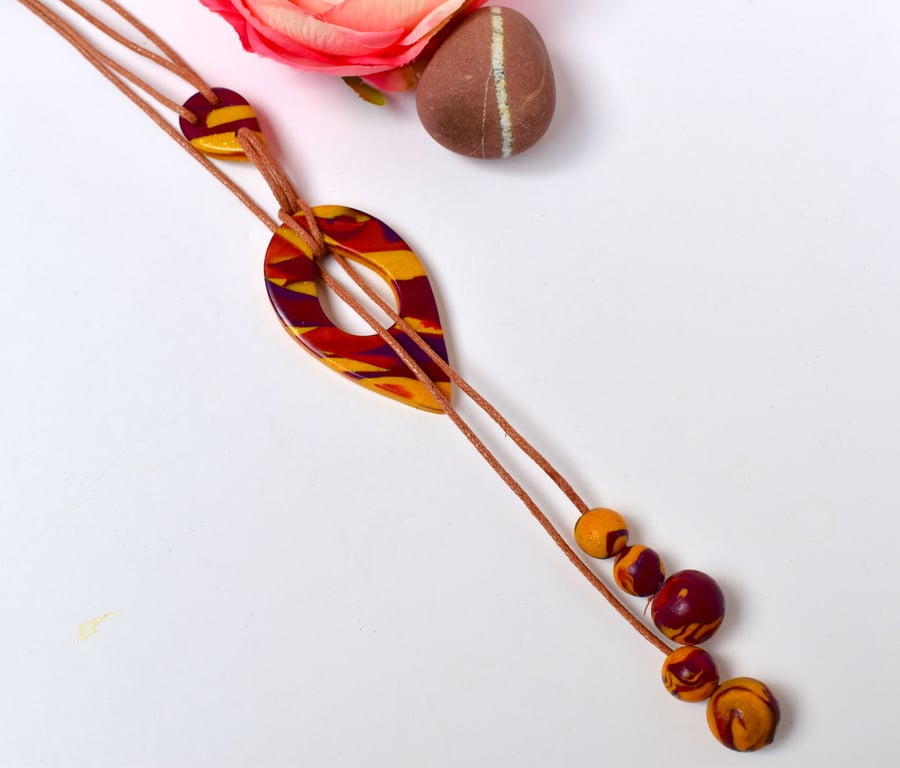Gold, Metallic Copper, Bordeaux & Purple Polymer Clay Lariat Necklace