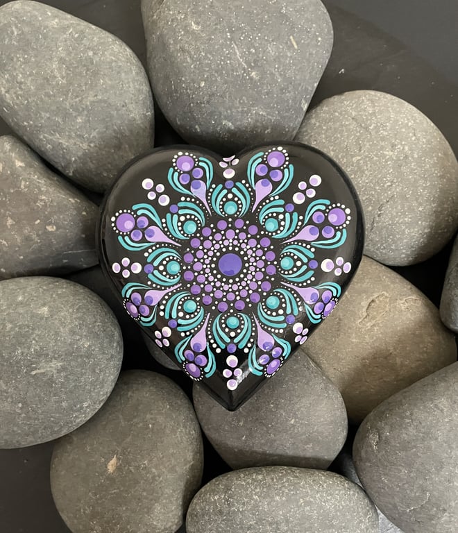Purple & Green Heart Mandala Rock Art Stone Acrylic Painting Hand Painted Unique