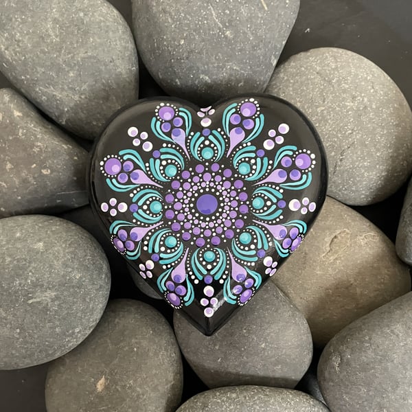 Purple & Green Heart Mandala Rock Art Stone Acrylic Painting Hand Painted Unique