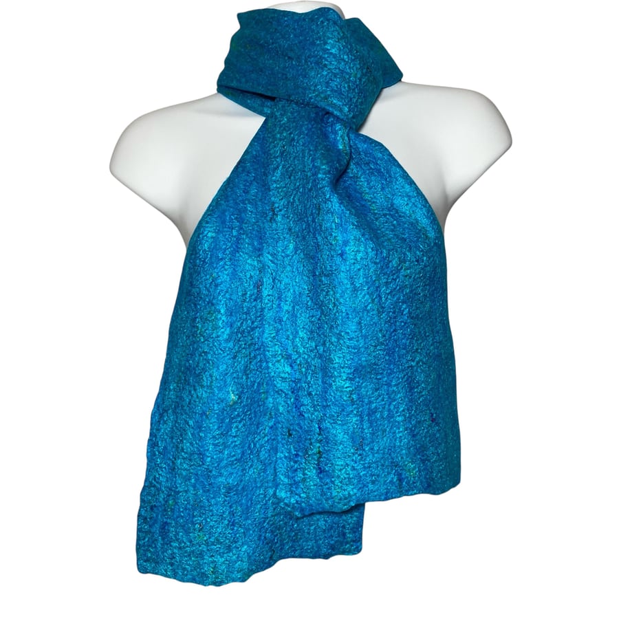 Turquoise Merino wool scarf with silk fibre embellishment