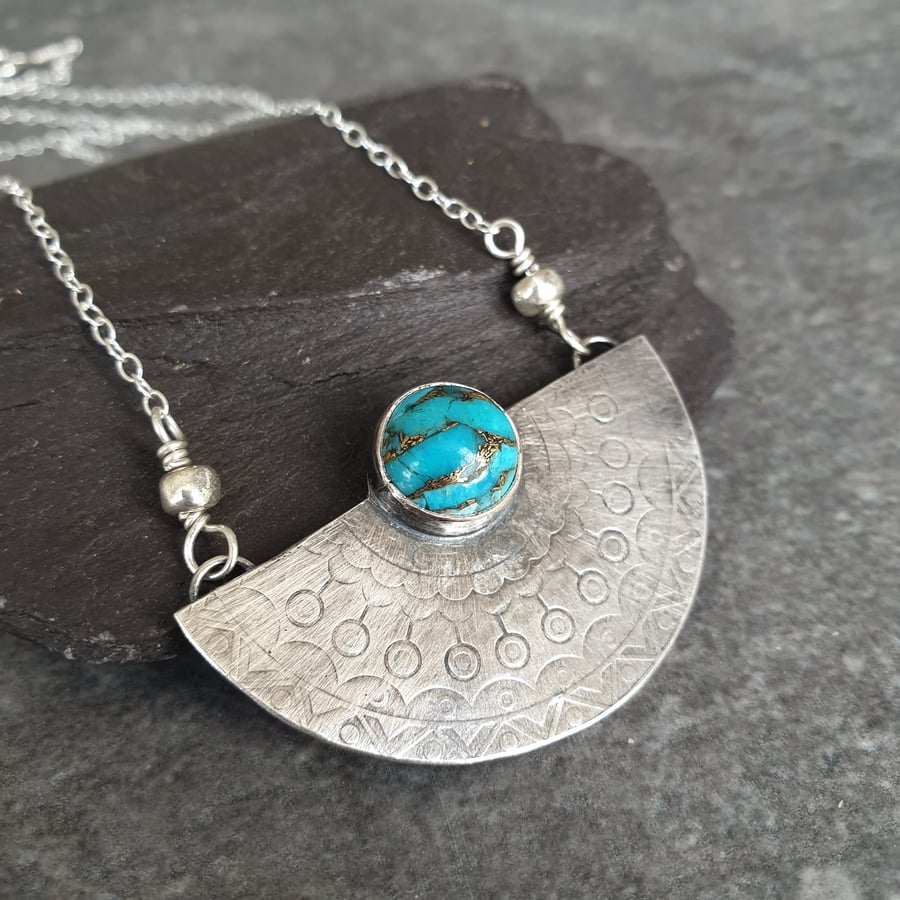 Silver mandala pendant, Turquoise crescent necklace, Geometric jewellery