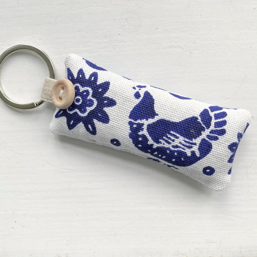 SALE - KEY RING - Emma Bridgewater blue hens fabric, lavender
