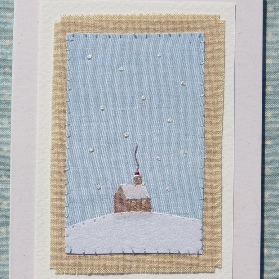 Hand-stitched miniature on card entitled 'Winter Cottage' a card to keep