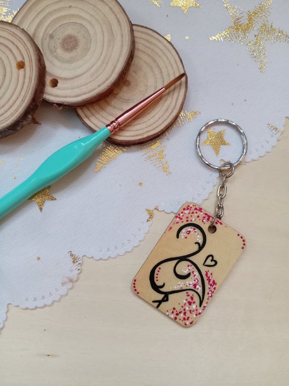Wooden rectangular flamingo keyring 