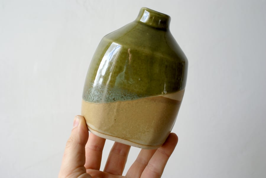 Handmade ceramic bottle vase - flat shape, matte brown and glossy green