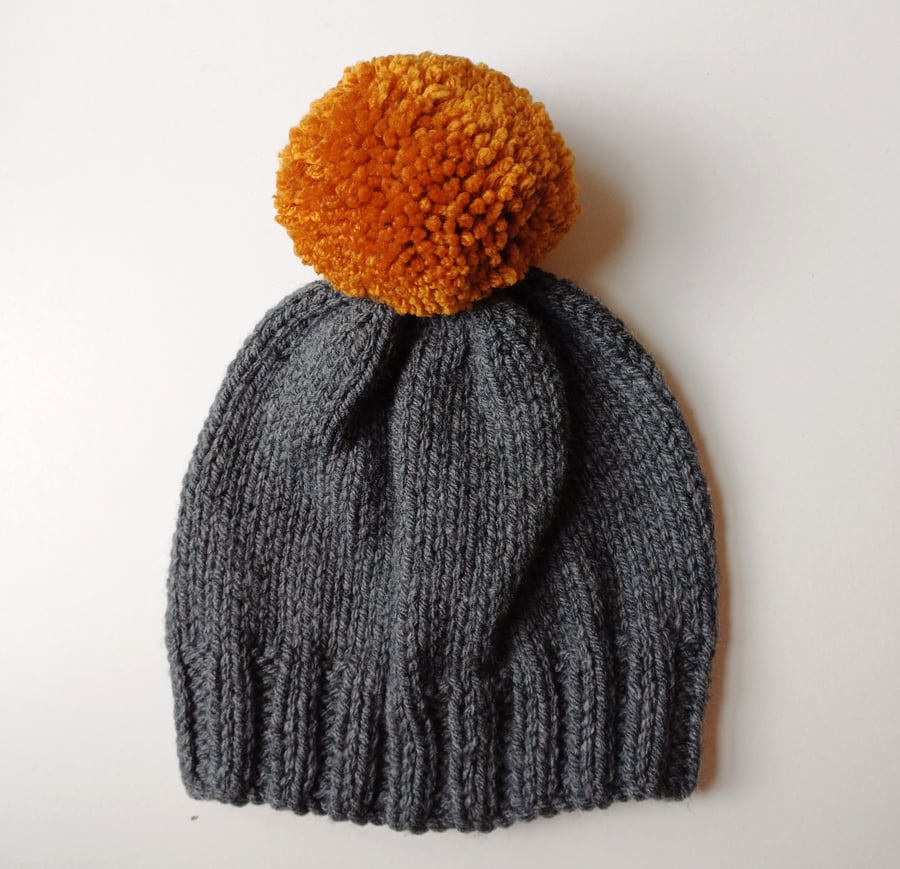 Bobble Hat in Grey Chunky Yarn with Mustard Pom Pom
