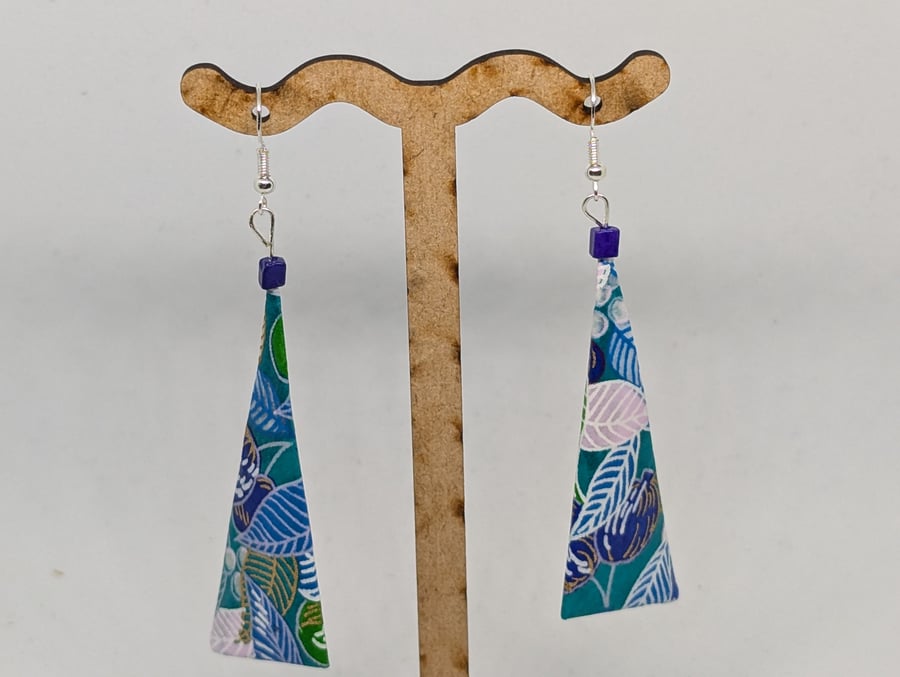 Long triangle Japanese paper earrings; Leaves, Berries Fruits