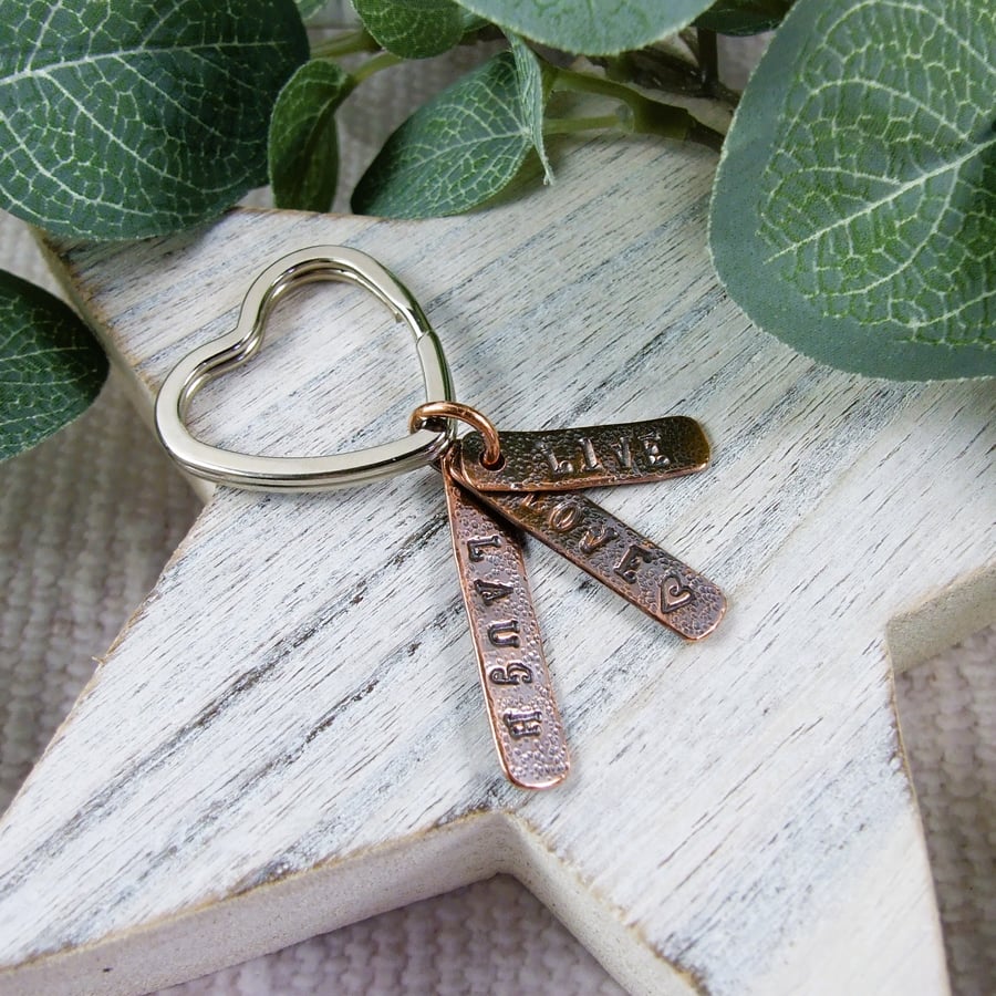 Bag Charm, Three Copper Bars Stamped Live Love Laugh