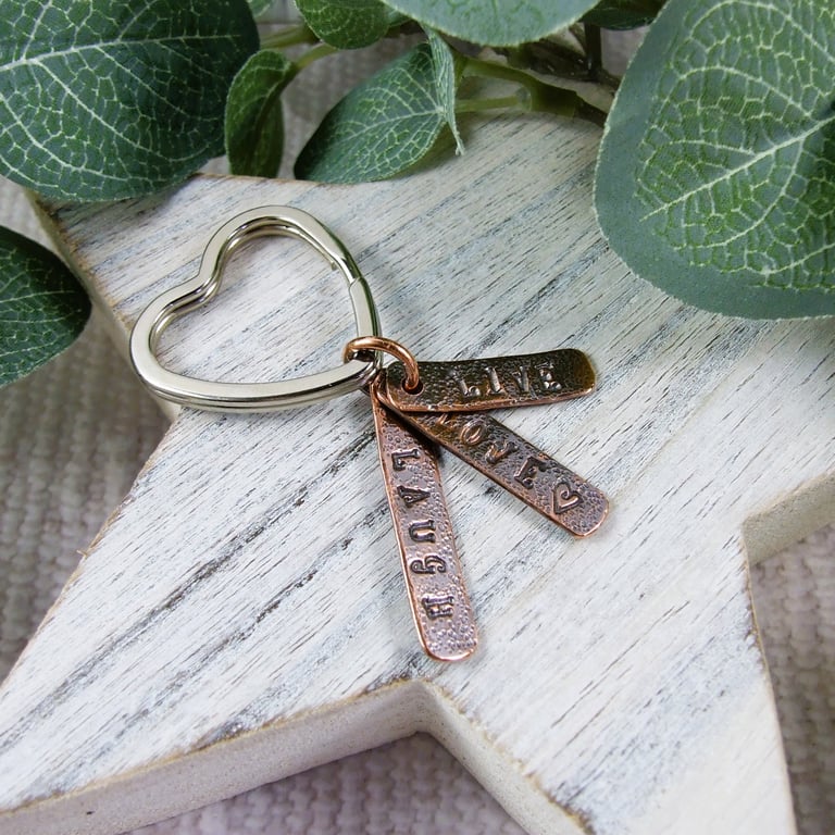 Bag Charm, Three Copper Bars Stamped Live Love Laugh