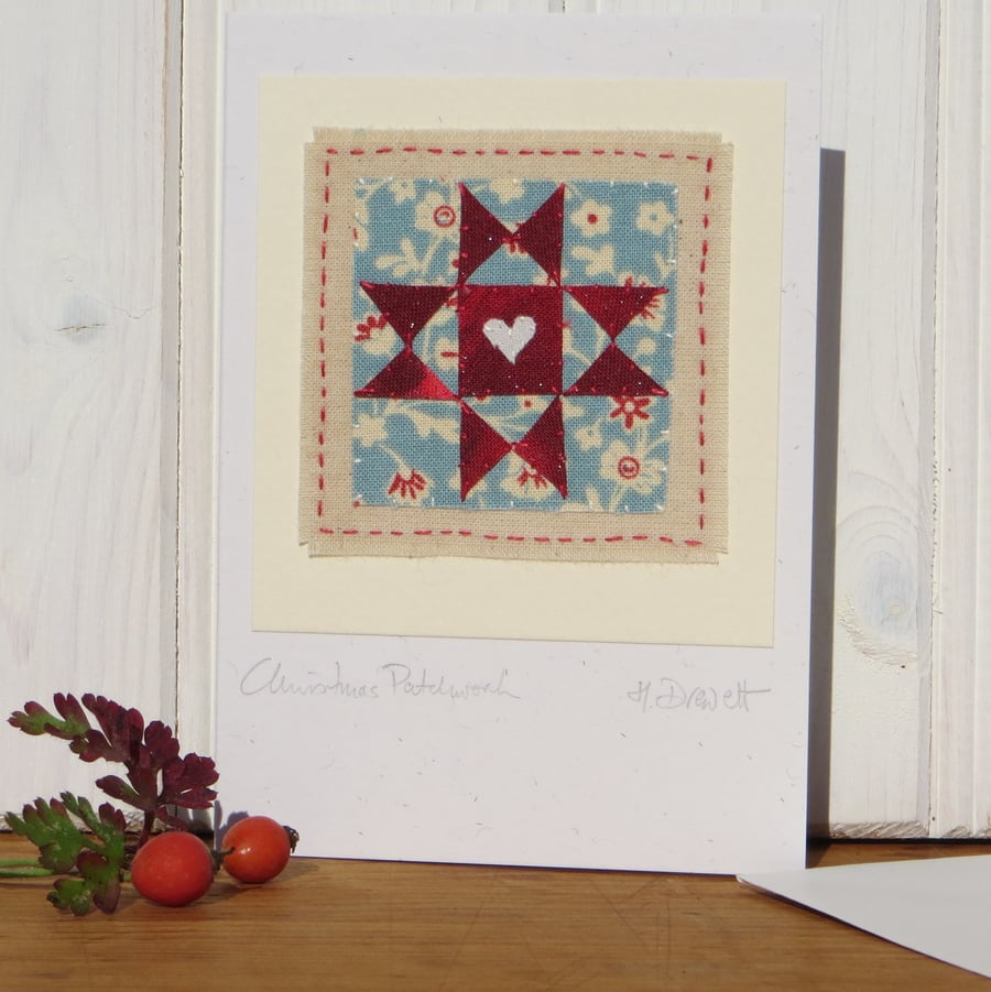 Christmas Patchwork,  pretty little hand-stitched card for Christmas