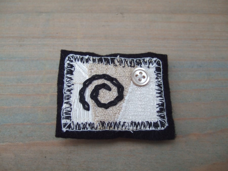 Abstract Textile Brooch, Cream and Black, Free Postage