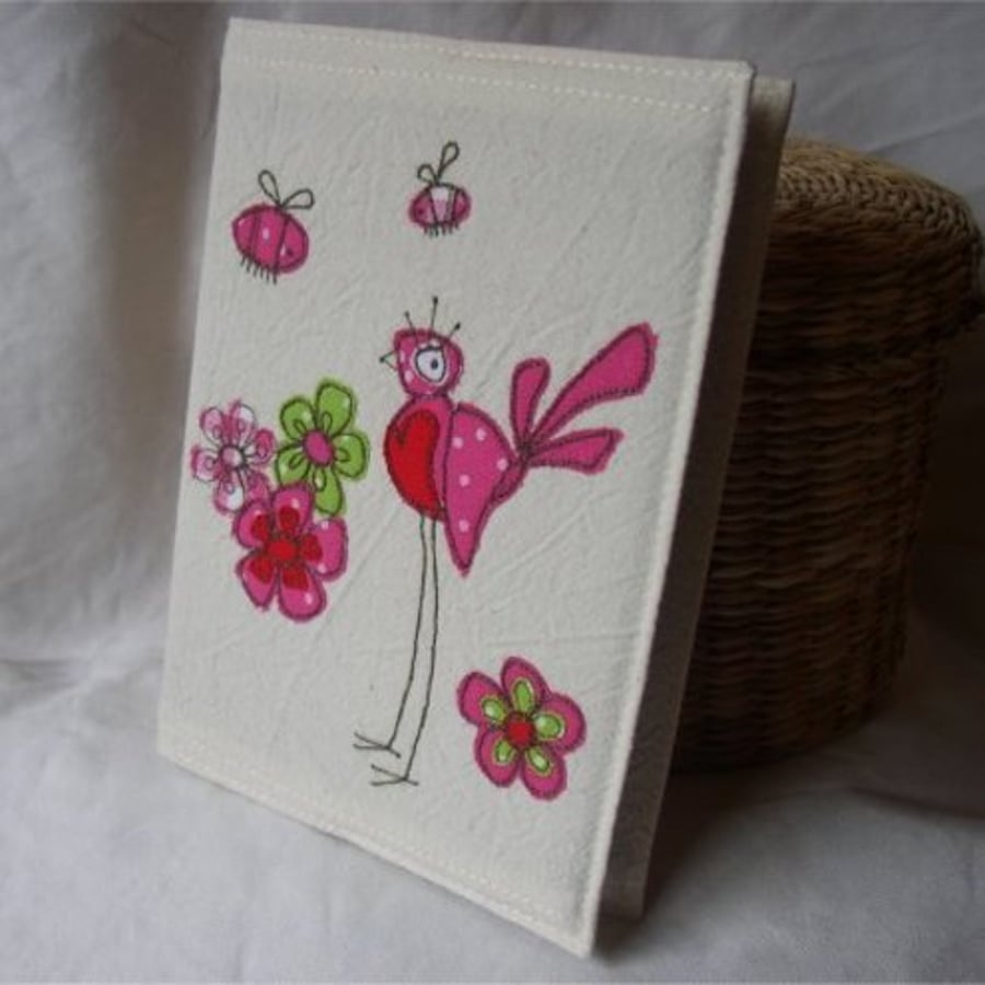 embroidered pink bird 'n bees fabric notebook cover (A6 size)
