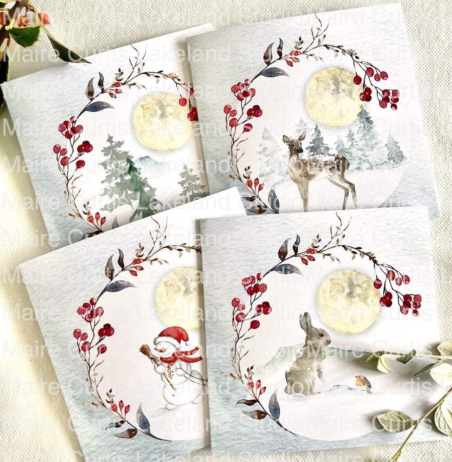 Berry Wreath Christmas Card Pack of 4 in Blue or White